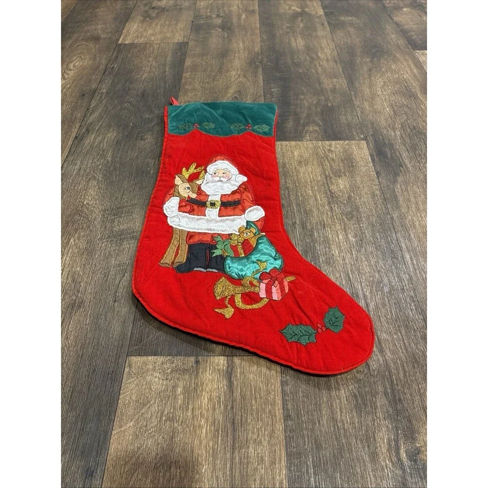 L'art de Chine Embroidered Santa Reindeer Christmas Stocking Red Green 23